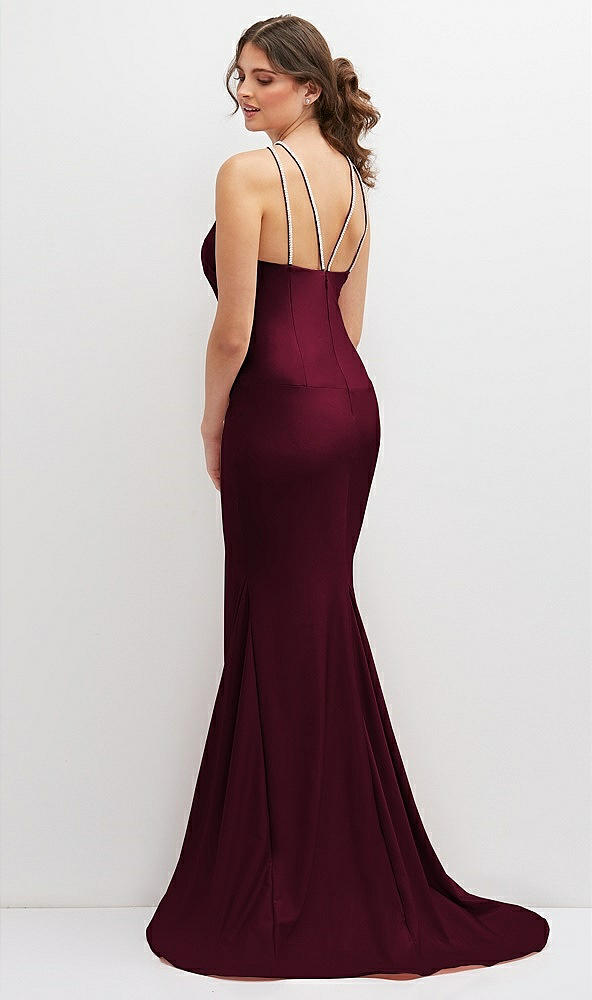 Back View - Cabernet Halter Asymmetrical Draped Stretch Satin Mermaid Dress with Rhinestone Straps