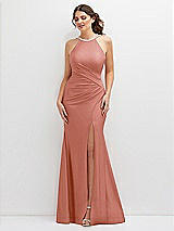 Front View Thumbnail - Desert Rose Halter Asymmetrical Draped Stretch Satin Mermaid Dress with Rhinestone Straps