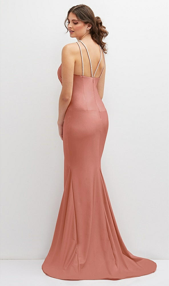 Back View - Desert Rose Halter Asymmetrical Draped Stretch Satin Mermaid Dress with Rhinestone Straps