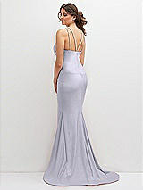 Rear View Thumbnail - Silver Dove Halter Asymmetrical Draped Stretch Satin Mermaid Dress with Rhinestone Straps