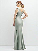 Rear View Thumbnail - Willow Green Draped Wrap Stretch Satin Mermaid Dress with Horsehair Hem