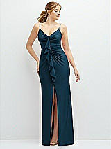 Front View Thumbnail - Atlantic Blue Rhinestone Strap Stretch Satin Maxi Dress with Vertical Cascade Ruffle