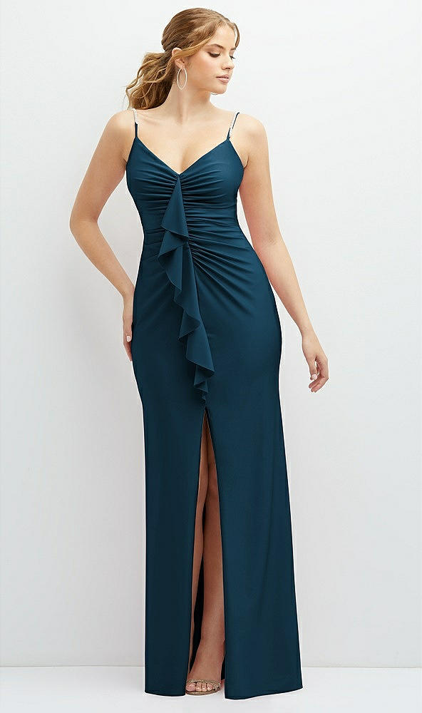 Front View - Atlantic Blue Rhinestone Strap Stretch Satin Maxi Dress with Vertical Cascade Ruffle