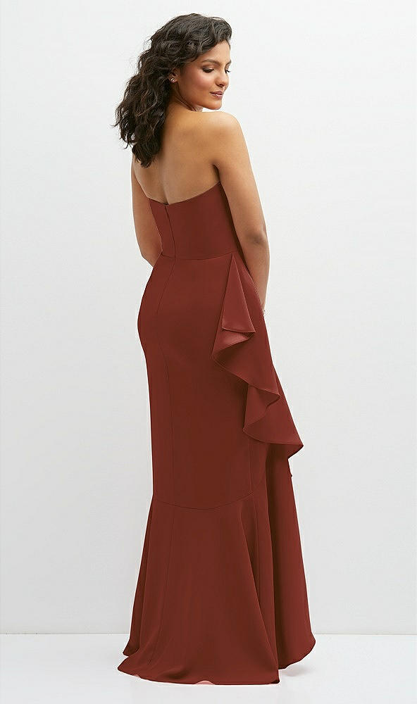 Back View - Auburn Moon Strapless Crepe Maxi Dress with Ruffle Edge Bias Wrap Skirt