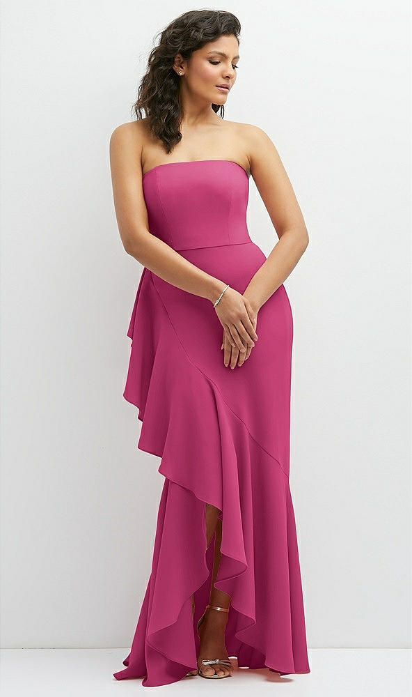 Front View - Tea Rose Strapless Crepe Maxi Dress with Ruffle Edge Bias Wrap Skirt