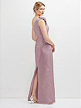 Rear View Thumbnail - Dusty Rose Oversized Flower One-Shoulder Satin Column Dress