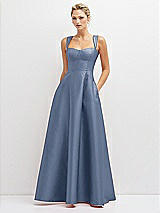 Front View Thumbnail - Larkspur Blue Lace-Up Back Bustier Satin Dress with Full Skirt and Pockets