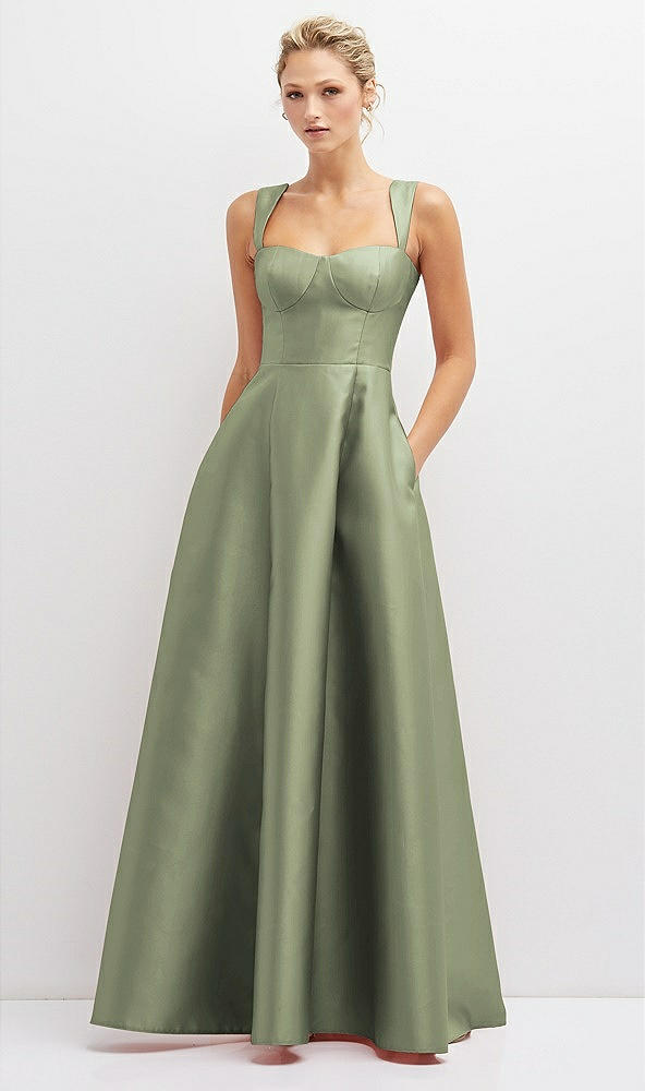 Front View - Sage Lace-Up Back Bustier Satin Dress with Full Skirt and Pockets