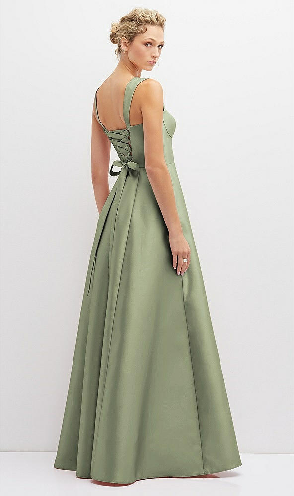 Back View - Sage Lace-Up Back Bustier Satin Dress with Full Skirt and Pockets