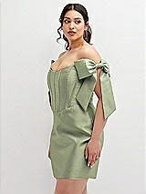 Alt View 1 Thumbnail - Sage Satin Off-the-Shoulder Bow Corset Fit and Flare Mini Dress