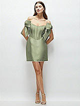 Front View Thumbnail - Sage Satin Off-the-Shoulder Bow Corset Fit and Flare Mini Dress