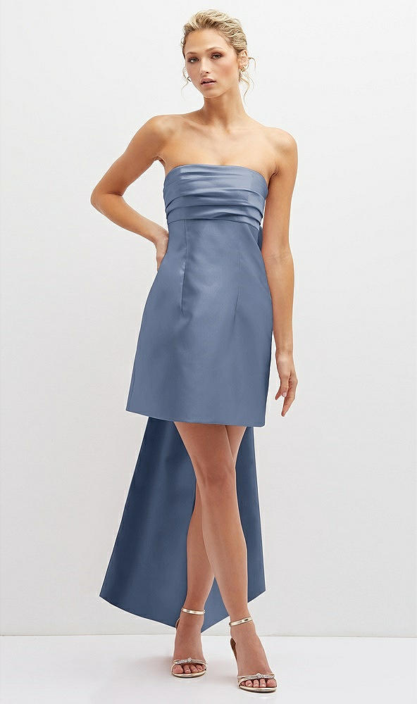 Front View - Larkspur Blue Strapless Satin Column Mini Dress with Oversized Bow