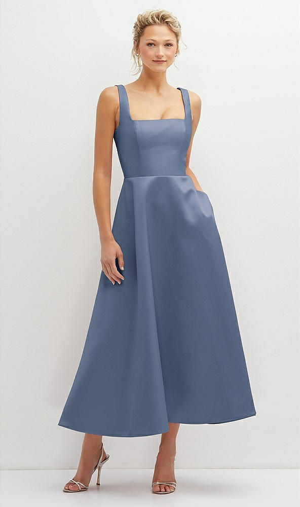 Front View - Larkspur Blue Square Neck Satin Midi Dress with Full Skirt & Pockets