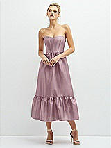 Front View Thumbnail - Dusty Rose Strapless Satin Midi Corset Dress with Lace-Up Back & Ruffle Hem