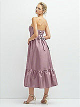 Rear View Thumbnail - Dusty Rose Strapless Satin Midi Corset Dress with Lace-Up Back & Ruffle Hem