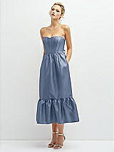 Alt View 1 Thumbnail - Larkspur Blue Strapless Satin Midi Corset Dress with Lace-Up Back & Ruffle Hem