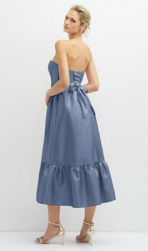 Back View - Larkspur Blue Strapless Satin Midi Corset Dress with Lace-Up Back & Ruffle Hem