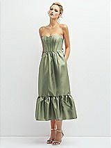 Alt View 1 Thumbnail - Sage Strapless Satin Midi Corset Dress with Lace-Up Back & Ruffle Hem