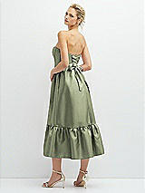 Rear View Thumbnail - Sage Strapless Satin Midi Corset Dress with Lace-Up Back & Ruffle Hem