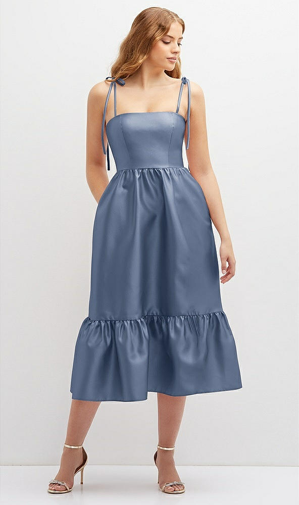 Front View - Larkspur Blue Shirred Ruffle Hem Midi Dress with Self-Tie Spaghetti Straps and Pockets