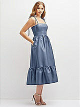 Side View Thumbnail - Larkspur Blue Shirred Ruffle Hem Midi Dress with Self-Tie Spaghetti Straps and Pockets