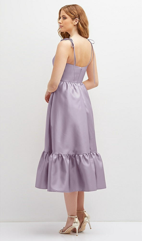 Back View - Lilac Haze Shirred Ruffle Hem Midi Dress with Self-Tie Spaghetti Straps and Pockets