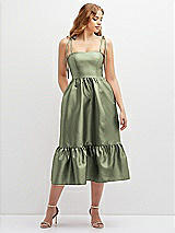 Front View Thumbnail - Sage Shirred Ruffle Hem Midi Dress with Self-Tie Spaghetti Straps and Pockets