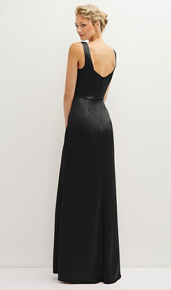 Back View - Black Square-Neck Satin A-line Maxi Dress with Front Slit