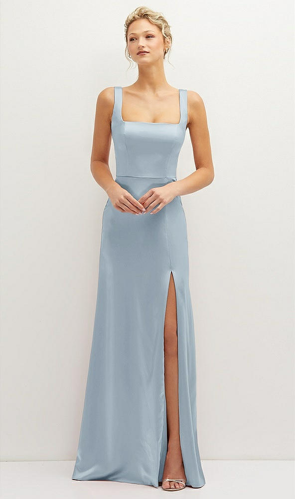 Front View - Mist Square-Neck Satin A-line Maxi Dress with Front Slit