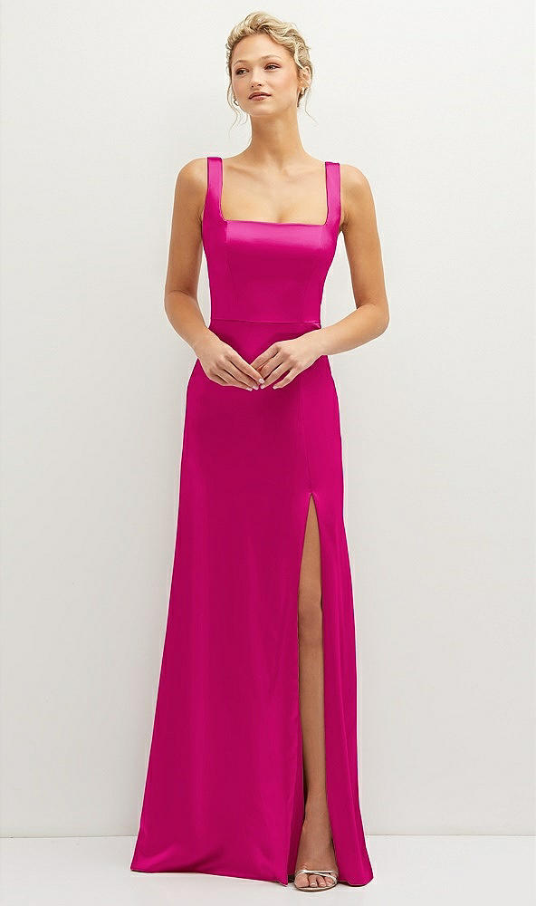 Front View - Think Pink Square-Neck Satin A-line Maxi Dress with Front Slit