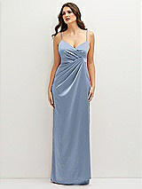 Front View Thumbnail - Cloudy Asymmetrical Draped Pleat Wrap Satin Maxi Dress