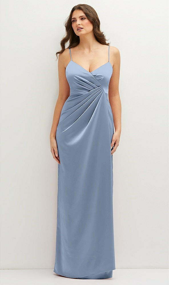 Front View - Cloudy Asymmetrical Draped Pleat Wrap Satin Maxi Dress