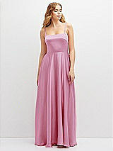 Front View Thumbnail - Powder Pink Adjustable Sash Tie Back Satin Maxi Dress with Full Skirt