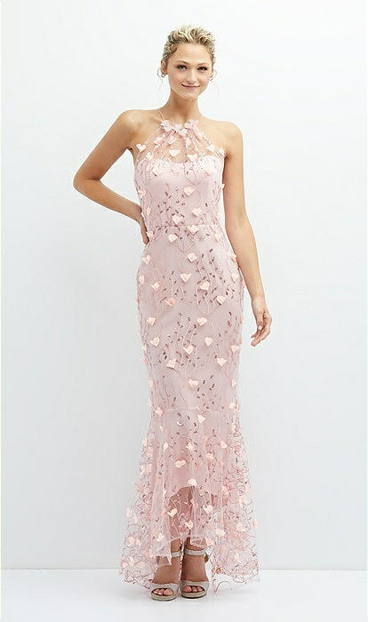 Sheer Halter Neck 3d Floral Embroidered Bridesmaid Dress With High low Hem In Rose Pantone Rose Quartz The Dessy Group