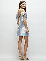 Rear View Thumbnail - Porcelain Blue Seraphina Floral Floral Satin Off-the-Shoulder Bow Corset Fit and Flare Mini Dress