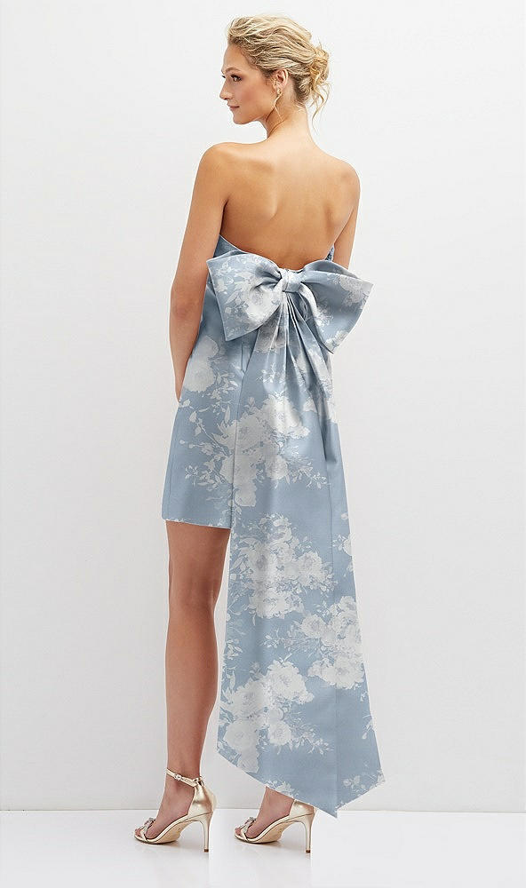 Back View - Porcelain Blue Seraphina Floral Floral Strapless Satin Column Mini Dress with Oversized Bow