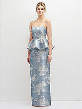 Front View Thumbnail - Porcelain Blue Seraphina Floral Floral Strapless Satin Maxi Dress with Cascade Ruffle Peplum Detail