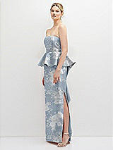 Side View Thumbnail - Porcelain Blue Seraphina Floral Floral Strapless Satin Maxi Dress with Cascade Ruffle Peplum Detail