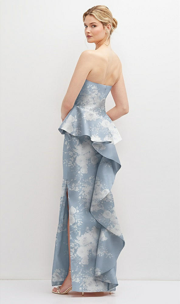 Back View - Porcelain Blue Seraphina Floral Floral Strapless Satin Maxi Dress with Cascade Ruffle Peplum Detail