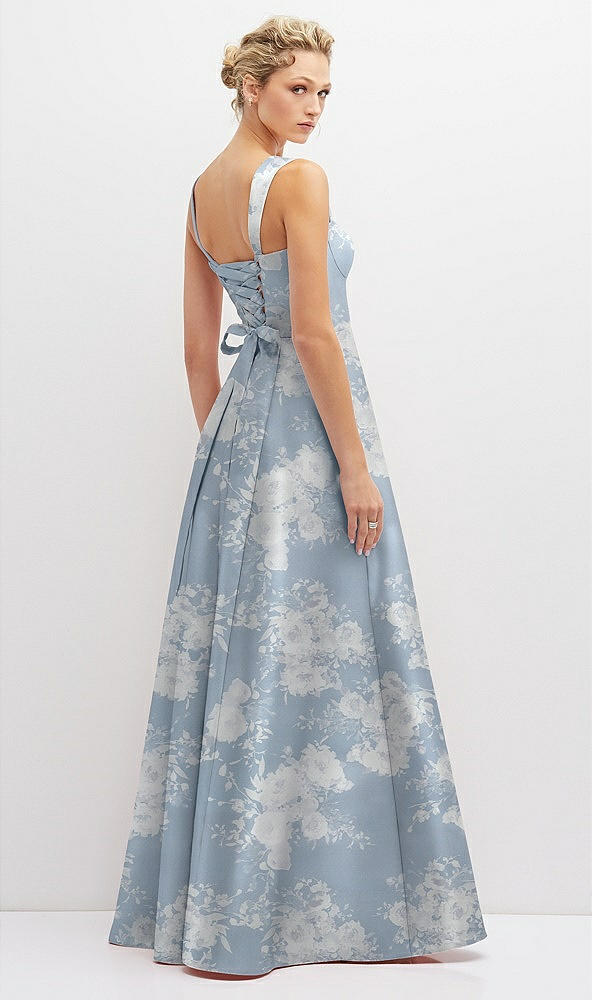 Back View - Porcelain Blue Seraphina Floral Floral Lace-Up Back Bustier Satin Dress with Full Skirt and Pockets