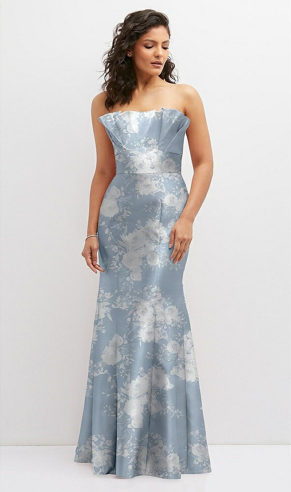 Front View - Porcelain Blue Seraphina Floral Floral Strapless Satin Fit and Flare Dress with Crumb-Catcher Bodice