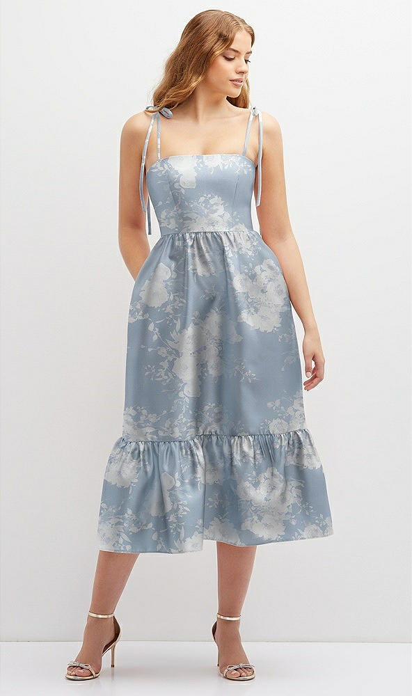 Front View - Porcelain Blue Seraphina Floral Floral Shirred Ruffle Hem Midi Dress with Self-Tie Spaghetti Straps and Pockets