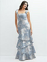 Front View Thumbnail - Porcelain Blue Seraphina Floral Floral Bow-Shoulder Satin Maxi Dress with Asymmetrical Tiered Skirt