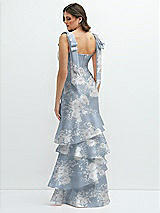 Rear View Thumbnail - Porcelain Blue Seraphina Floral Floral Bow-Shoulder Satin Maxi Dress with Asymmetrical Tiered Skirt