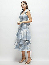 Alt View 2 Thumbnail - Porcelain Blue Seraphina Floral Floral Bow-Shoulder Satin Midi Dress with Asymmetrical Tiered Skirt