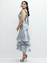 Front View Thumbnail - Porcelain Blue Seraphina Floral Floral Bow-Shoulder Satin Midi Dress with Asymmetrical Tiered Skirt