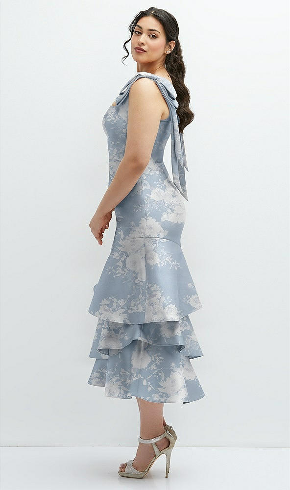 Front View - Porcelain Blue Seraphina Floral Floral Bow-Shoulder Satin Midi Dress with Asymmetrical Tiered Skirt