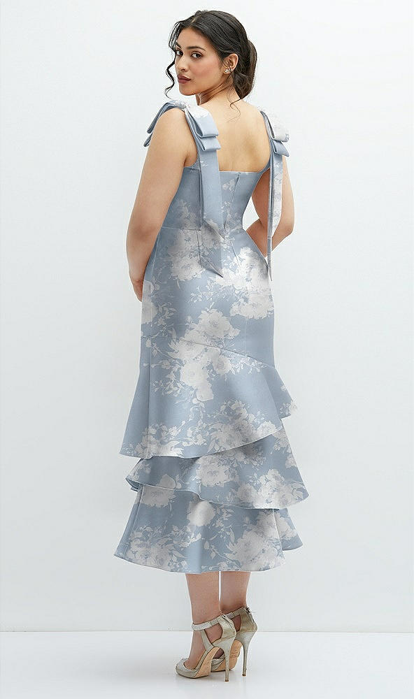 Back View - Porcelain Blue Seraphina Floral Floral Bow-Shoulder Satin Midi Dress with Asymmetrical Tiered Skirt