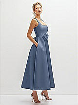 Side View Thumbnail - Larkspur Blue Square Neck Satin Midi Dress with Full Skirt & Flower Sash