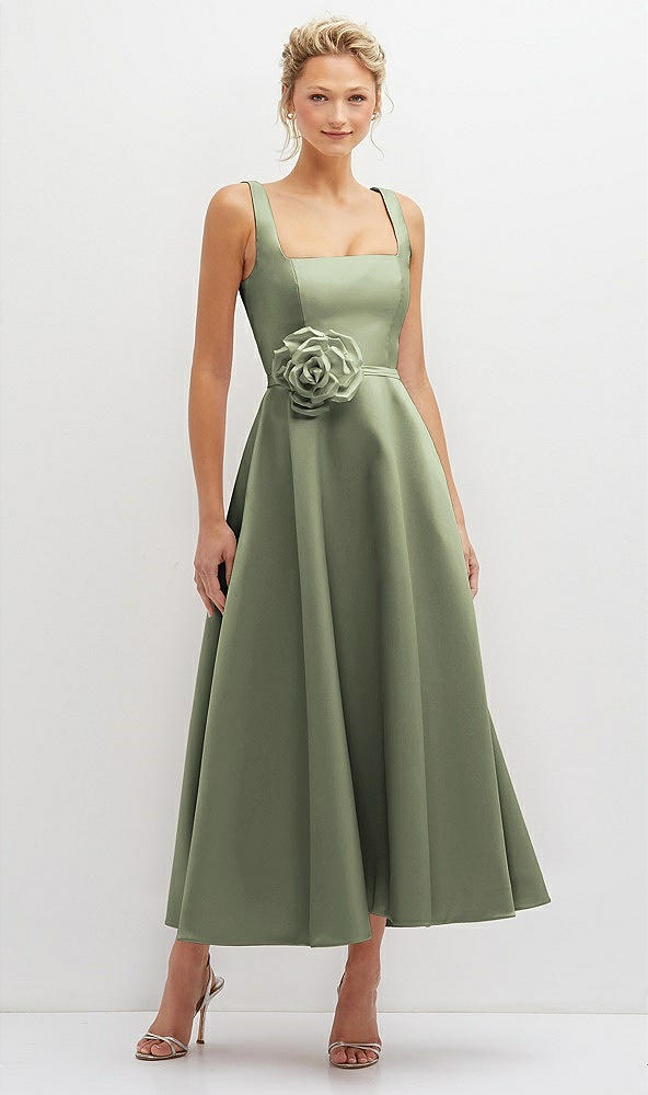 Front View - Sage Square Neck Satin Midi Dress with Full Skirt & Flower Sash